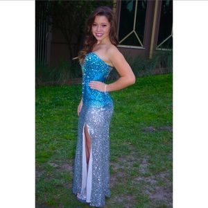 Sherri hill silver and blue strapless prom dress